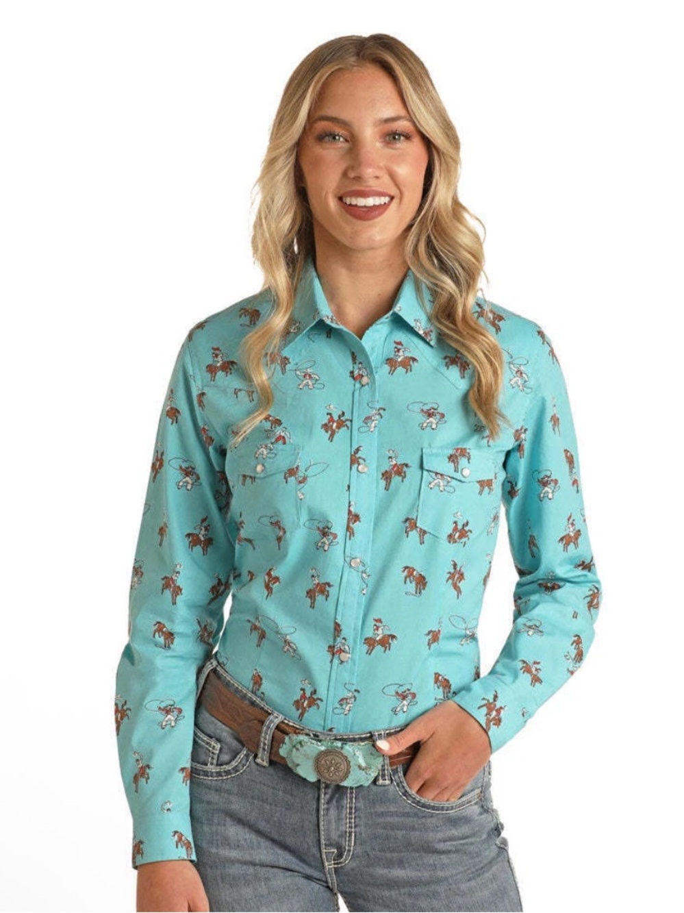 Panhandle Jrs LS Aquamarine Rodeo Print Shirt White Pearl Snap Buttons Sz Medium